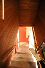 Empty stairway, basement floor, mops, wood paneling, 2345 NE 91st Street, Wedgwood, Seattle, Washington, USA