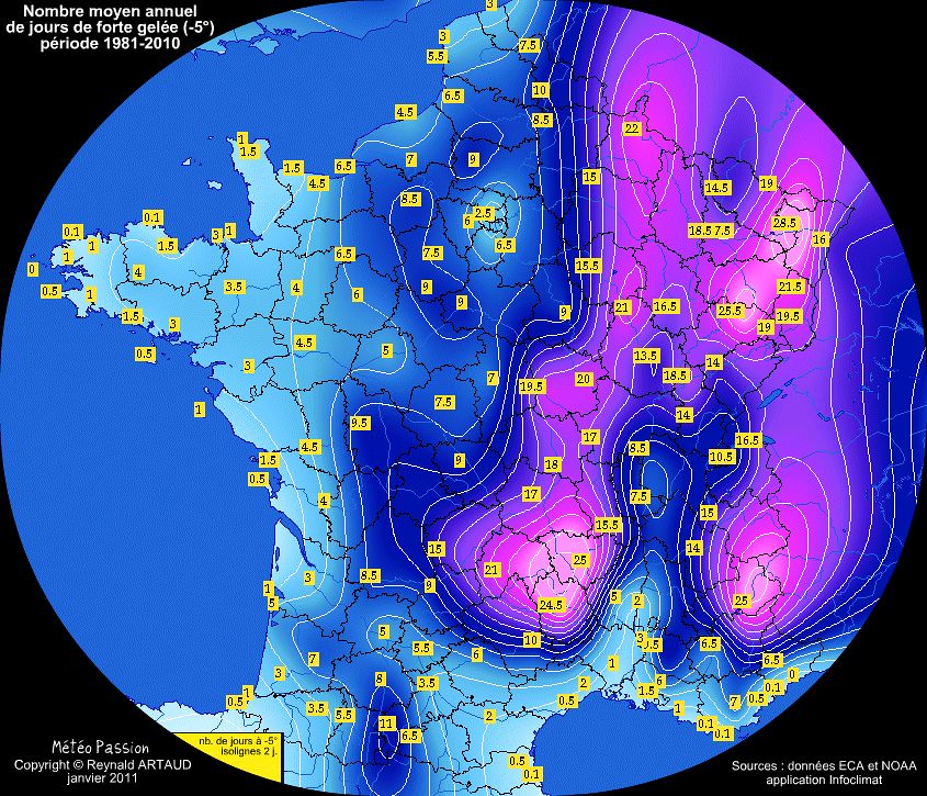nombre moyen annuel de forte gelée (-5°) en France pour la période 1981-2010