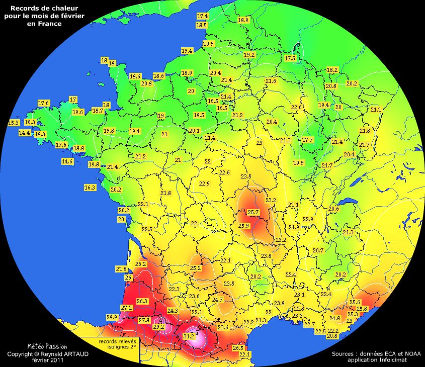 records de chaleur des températures maximales pour le mois de février en France Reynald ARTAUD météopassion