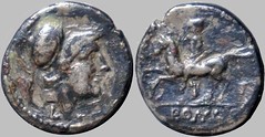 RRC 098/A2 Luceria LT Half Victoriatus. Italic civic mint. Minerva / L; Horseman left / T / ROMA. Paris d'Ailly 3408 bis, 1g29