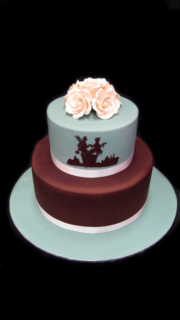 Duck Egg Blue and Chocolate Brown Wedding Cake 2 tier wedding cake orange