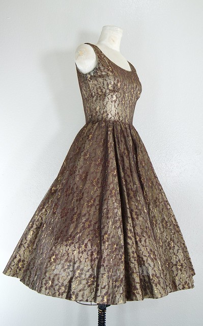 Mystic Lady 1950s metallic gold Dress maroon brown rust floral print lace 