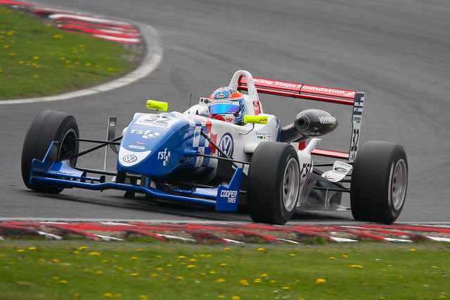 Carlin driver Jack Harvey at the exit of Knickerbrook British F3 