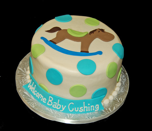 rocking horse baby shower cake cream, lime green and aqua