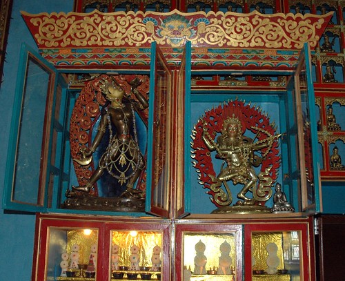 Opened shrines for practice, Vajrayogini, and Kurukulla (rig che ma),The One of the Action Family, Goddess of Power, Sakya Monastery shrine, Pharping, Nepal by Wonderlane