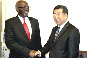 Acting President John Nkomo welcomes Chinese Vice Premier Hui Liangyu to his Munhumutapa offices in Harare yesterday. The two states are deepening their relations. by Pan-African News Wire File Photos