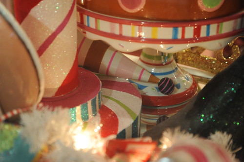 Striped candy jar, candy cane pole, lights, sparkles, Christmas decorations, Seattle, Washington, USA by Wonderlane