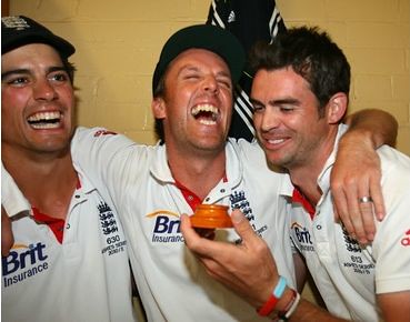 Alastair Cook, Graeme Swann and James Anderson break the ashes