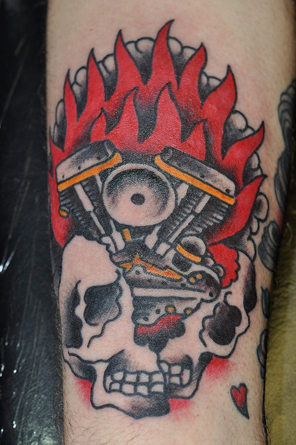Flame Skull Tattoo with PanHead Engine Traditional Tattoo by KeelHauled Mike