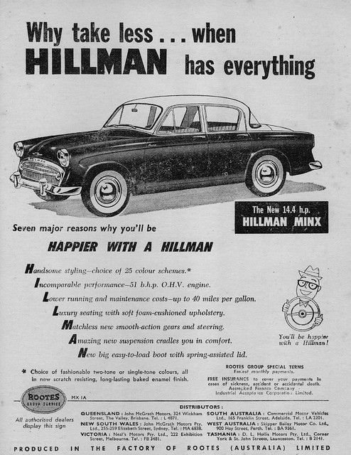 Australian magazine ad for the 1957 Hillman Minx sedan