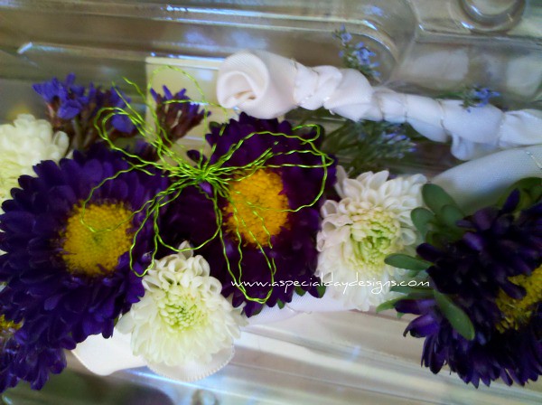  green wire flowers purple asters white mini mums For wedding flowers 