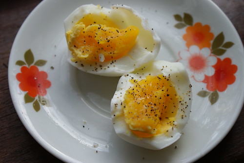Soft boiled eggs crudely cut