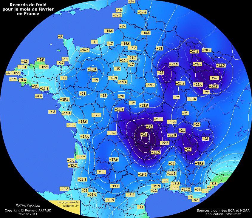 records de froid des températures minimales pour le mois de février en France Reynald ARTAUD météopassion