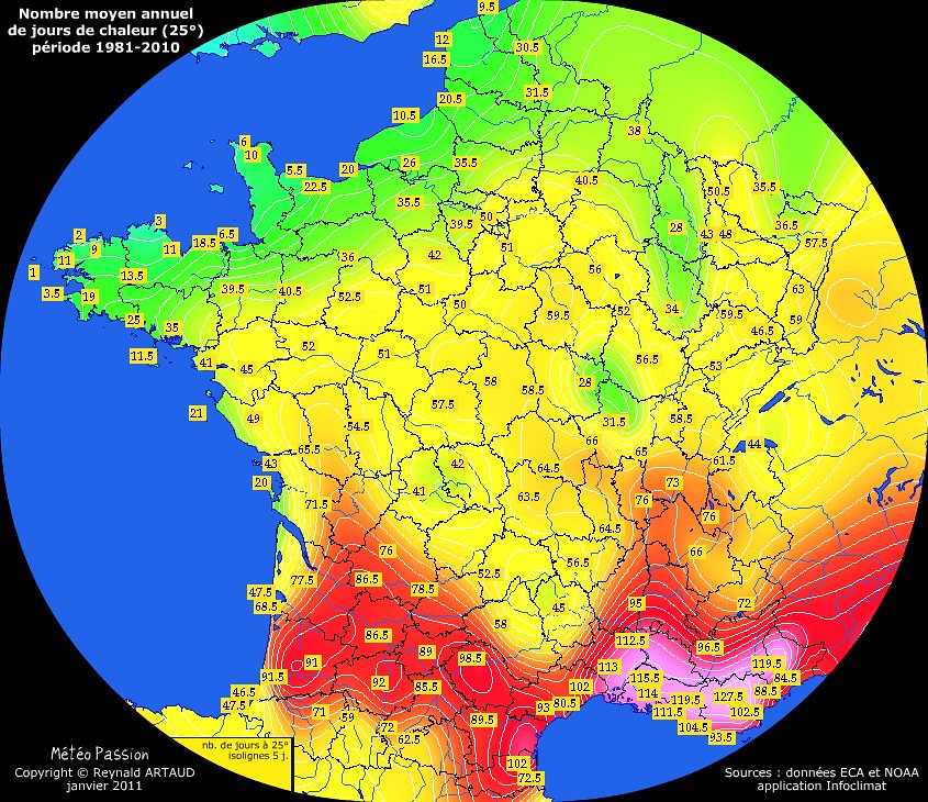 nombre moyen annuel de jours avec chaleur (25°) en France pour la période 1981-2010