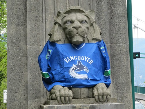No Way Jose: Vancouver Canucks Jerseys on Stone Lions at Lions Gate Bridge in Vancouver