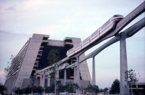 View showing monorail near Disney's Contemporary Resort hotel at the Magic Kingdom in Orlando, Florida