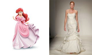 Ariel from the Little Mermaid wearing a dress with the Alfred Angelo version right next to it