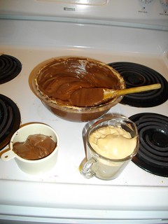 Chocolate Amaretto Cheesecake - mixtures ready to go