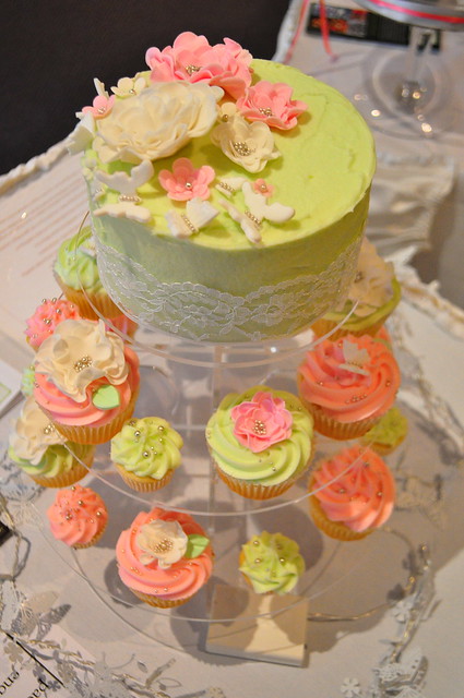 Mint green pale pink and white cupcake tower