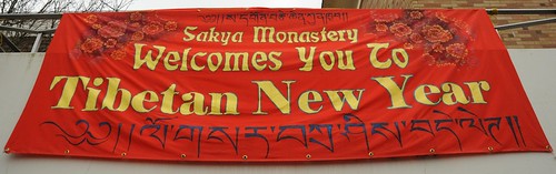 Sakya Monastery Welcomes You To Tibetan New Year, in English and Tibetan, sign by Linda Lane, Happy New Year, Greenwood, Seattle, Washington, USA by Wonderlane