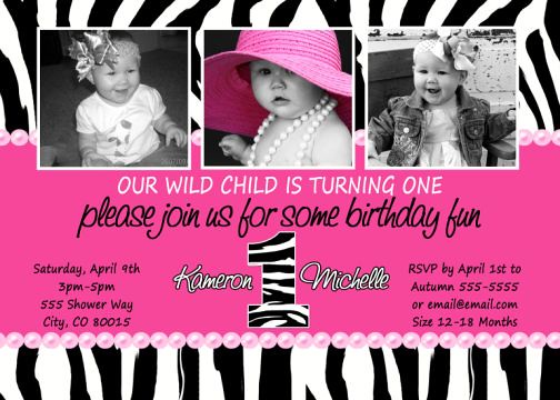 Hot Pink Zebra Print 1st Birthday Photo Invitation