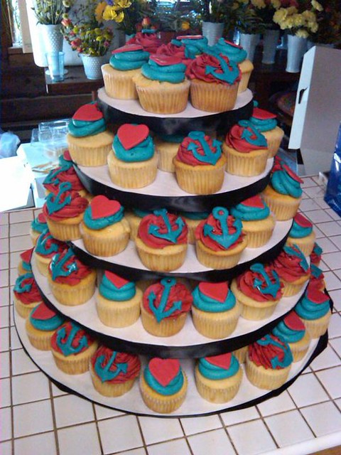 Teal and Red Hearts and Anchors Cupcakes for a Nautical themed Wedding
