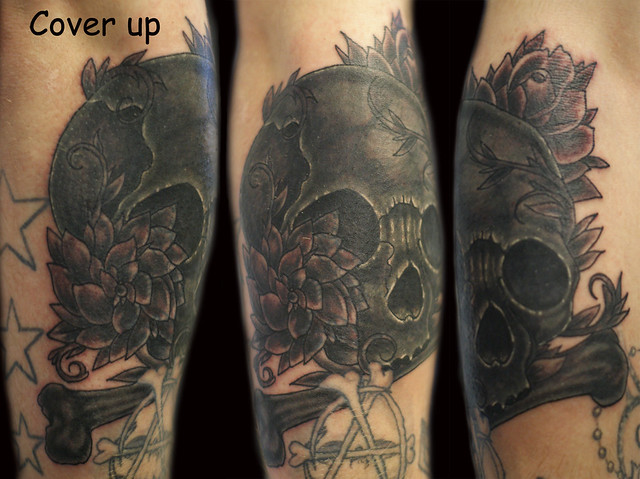 Black and Grey Skull Bone and Flowers Tattoo Cover Up Paulo Madeira