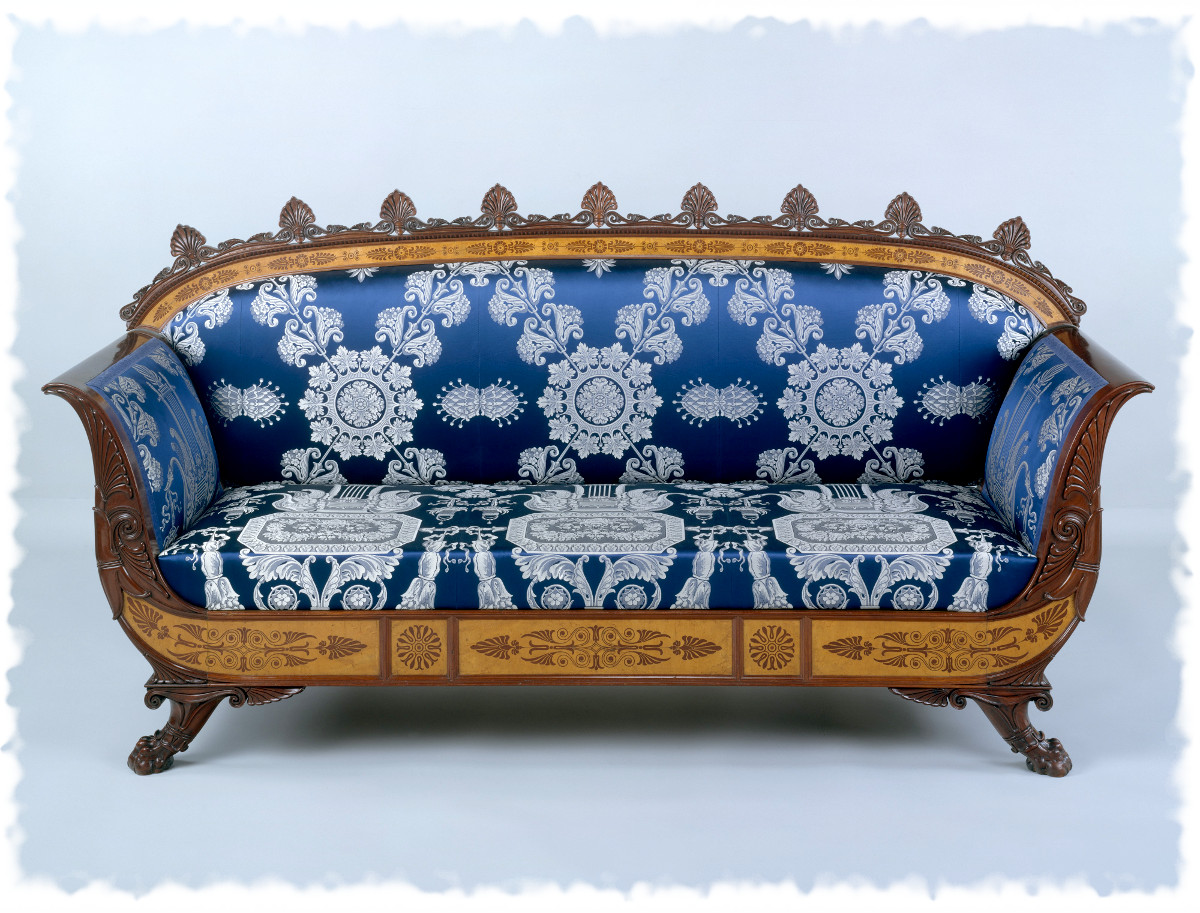 1835 Sofa. Italian. Mahogany veneered with maplewood and mahogany, covered with modern silk brocade. metmuseum
