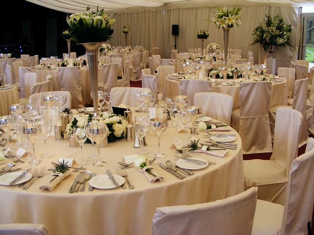  a Marquee Wedding Ivory Faux Silk Tables with Matching Chair Covers