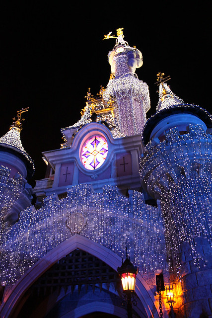Sleeping Beauty Castle lit up for Christmas