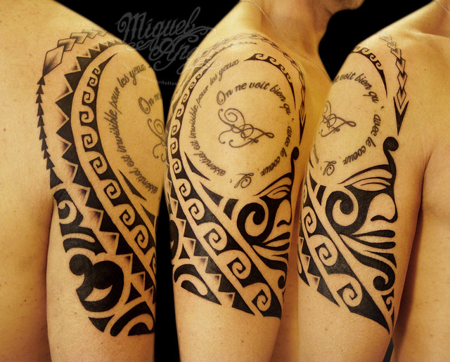 Custom polynesian tribal tattoo around Little Prince text Miguel Angel
