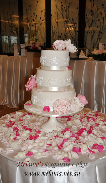Ivory and pink peonies sugar flowers wedding cake by Melania's Exquisite