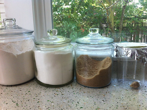 Kitchen counter of a gardener: flour, sugar, praying mantis pod