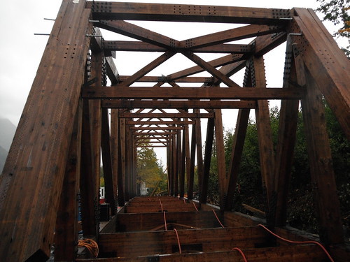 The longest, single-space timber truss bridge in North America is currently under construction on the Chugach National Forest in Alaska.  Photo Credit: Forest Service photo