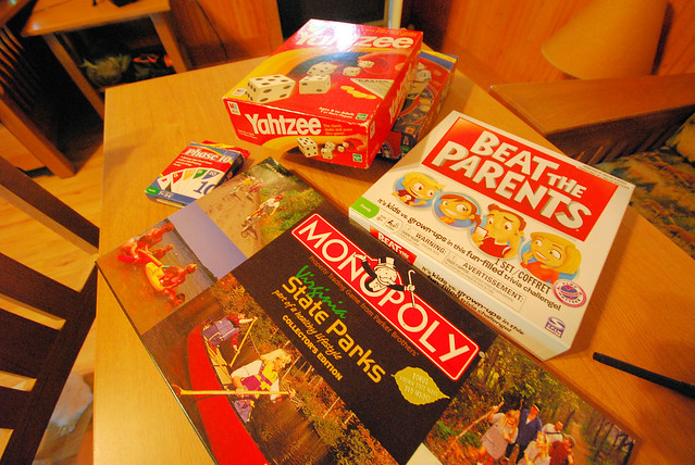 Our selection of fun family games in cabin 4 at Occoneechee State Park