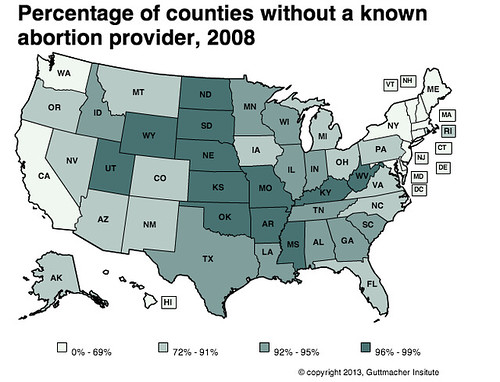 A map of the us showing how most counties have no abortion provide