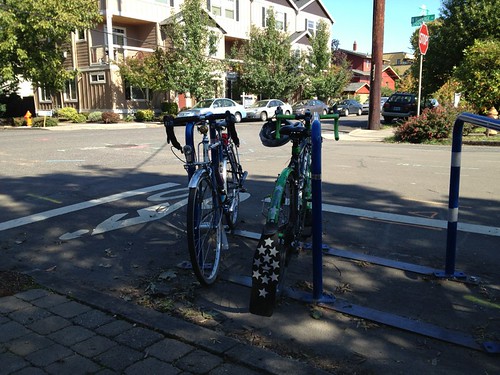 Asta's sparkly bike and my Riv parked at Blend