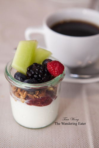 Yogurt layered with housemade Mission Fig jam, granola, fresh berries and honeydew