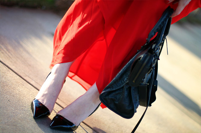 Armani Exchange Red Maxi Dress, Balenciaga Classic City Bag, Stella McCartney patent slingback heels, Fashion