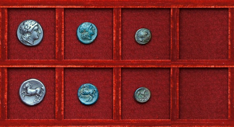 RRC 026 Apollo horse didrachm, bronze, Diana dog bronze, Ahala collection coins of the Roman Republic