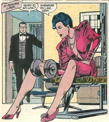 Lois Lane lifting weights in an evening gown