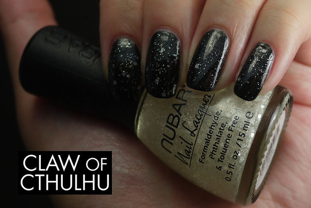 Fancy Nail Lacquer by Rainbow Honey Fancy Black Swatch (with Nubar White Polka Dots)