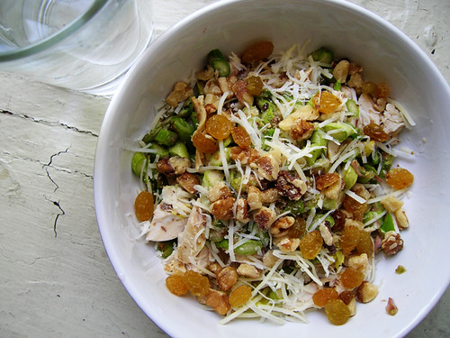 chicken, asparagus, and pepperoncini with golden raisins, walnuts, and parmesan