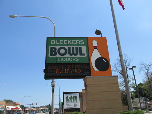 The Bleeker's Bowl sign on West 95th Street. View facing east.  Evergreen  Park  Illinois. (The last day.)  Saturday, August 10th, 2013. by Eddie from Chicago