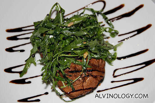 Char Grilled Portobello (S$32) - on roasted sweet potato risotto topped with feta cheese, arugula and pine nuts in a balsamic reduction