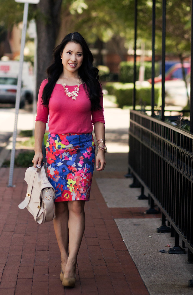 floral statement necklace, loft abstract floral skirt, outfit