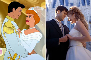 A still from the Disney movie Cinderella next to a photo of a couple in wedding attire mirroring the image
