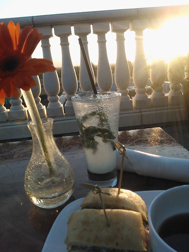 Kicking back Silicon Valley style, dinner, sunset, Mohito without alcohol or sugar, Cuban steak slider, flower, rooftop balustrade, Hotel Valencia Santana Row, San Jose, California, USA by Wonderlane