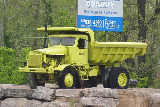 Old YellowGreen Euclid Dump Truck along I44 at Bussen Quarries near St