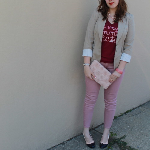 Bleached tee outfit: DIY bleached tee, dusty rose colored Gap skinny jeans, tri-color oxford heels, rosette clutch, pearls, khaki blazer